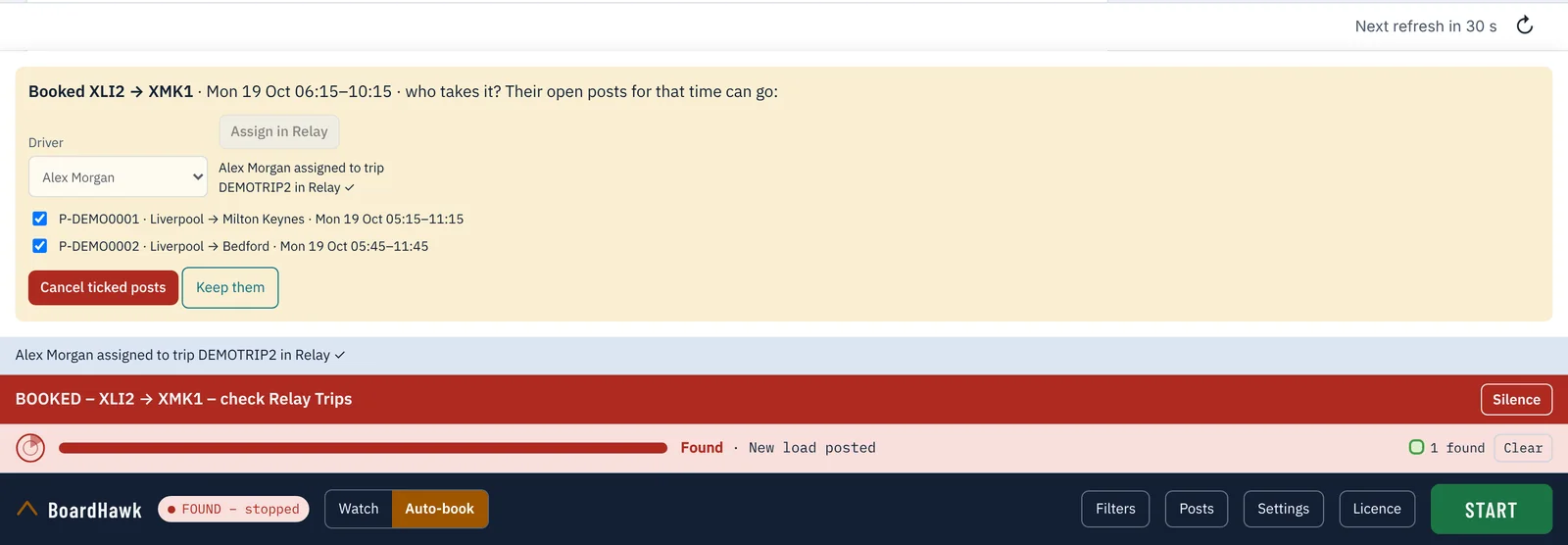 The after-booking question: Alex Morgan assigned to trip DEMOTRIP2 in Relay, with his two overlapping posts ticked