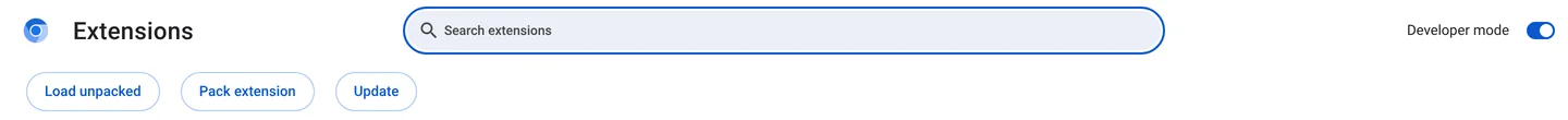 The top of Chrome's extensions page with Developer mode switched on and the Load unpacked, Pack extension and Update buttons showing