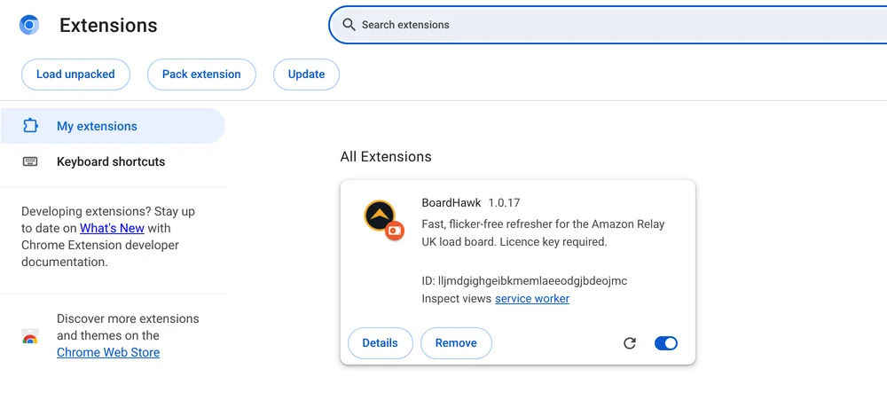 Chrome's extensions page showing the BoardHawk card with its version, description and an on switch