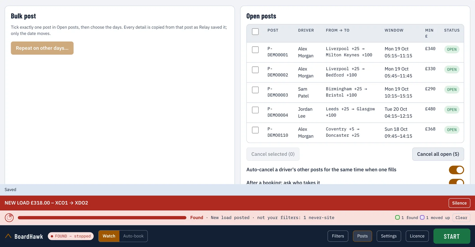 BoardHawk Posts panel listing four demo open posts with the Auto-cancel and After a booking switches on