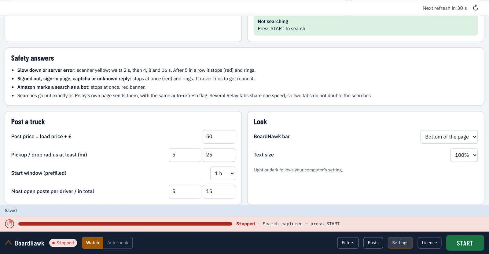 BoardHawk Settings: the Safety answers, the Post a truck defaults and the Look panel with bar position and text size