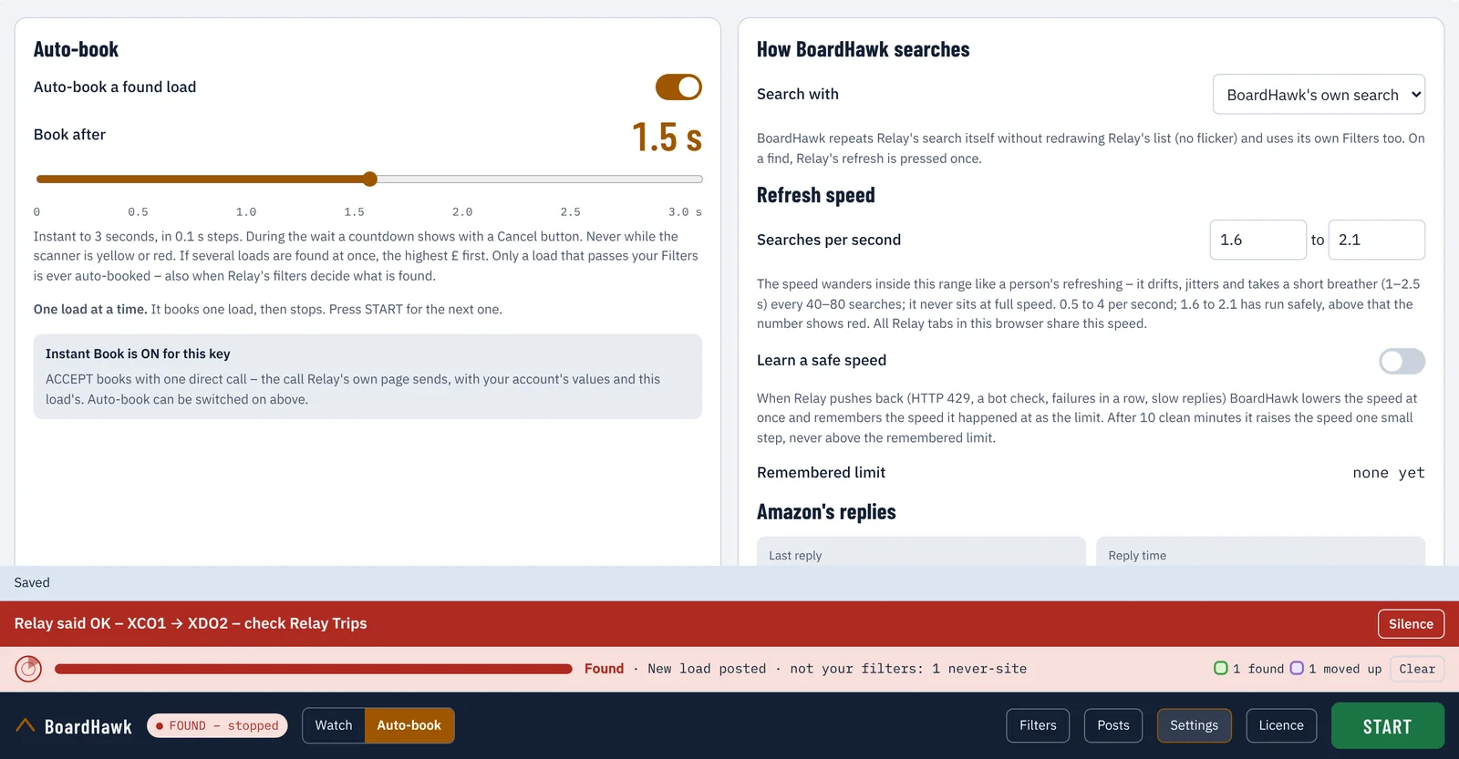 BoardHawk Settings: Auto-book switch with Book after 1.5 seconds, Instant Book is ON for this key, and How BoardHawk searches with the refresh speed range 1.6 to 2.1