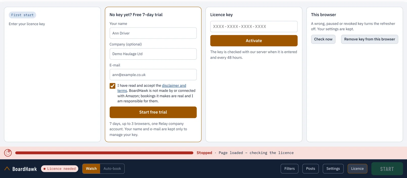 BoardHawk's Licence box with the free trial form filled in for a demo user
